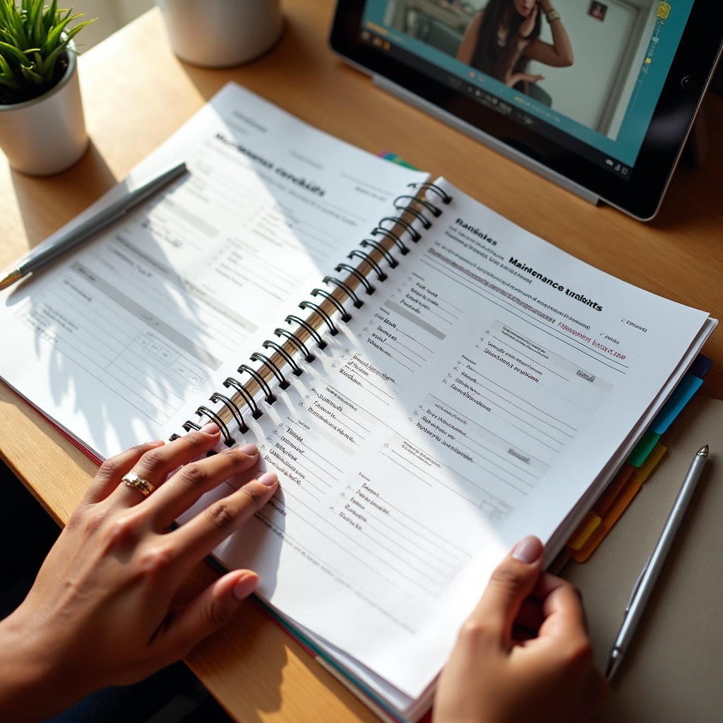 Material didáctico del curso con plantillas y checklist impresos sobre un escritorio
